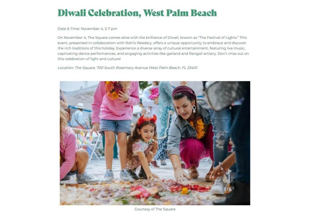 Kinder und Erwachsene versammeln sich bei einer Diwali-Feier in West Palm Beach auf einem Boden aus bunten Blumenblättern und schaffen eine lebendige und festliche Atmosphäre