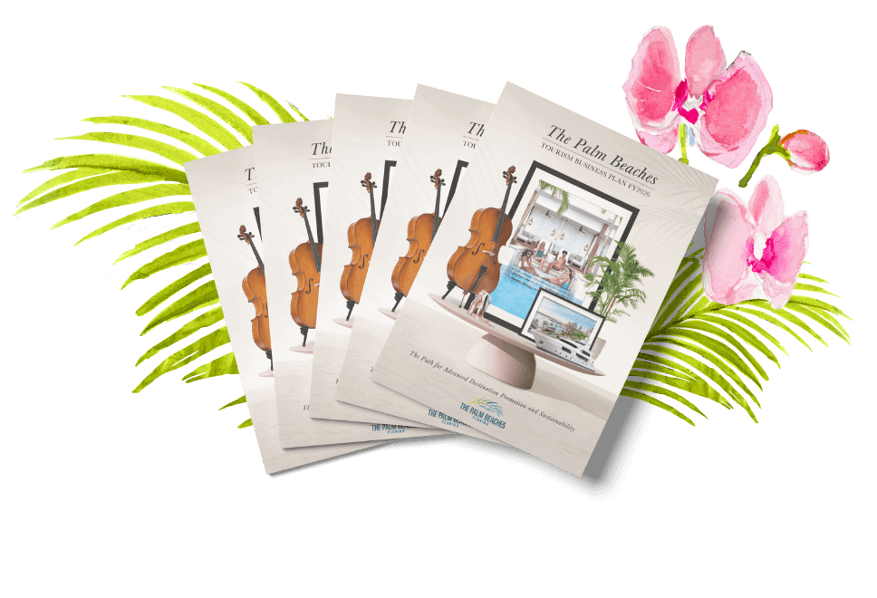 A stack of five brochures titled 'The Palm Beach Club' featuring images of violins, a laptop, and a tropical scene with palm trees and a pool