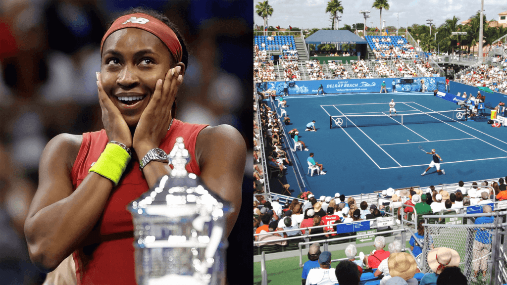 Serena Williams célèbre avec le trophée alors que les fans regardent depuis les tribunes du tournoi de tennis Miami Open.