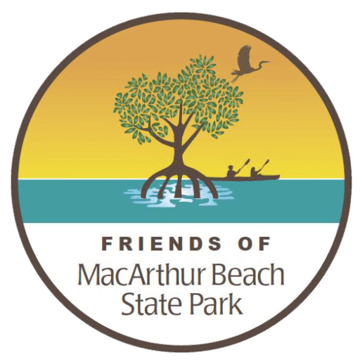 Ein lebendiges Logo mit einem Mangrovenbaum, über dem ein Vogel fliegt, zwei Kajakfahrer, die im Wasser paddeln, und dem Text 'Friends of MacArthur Beach State Park', der die Szene umgibt