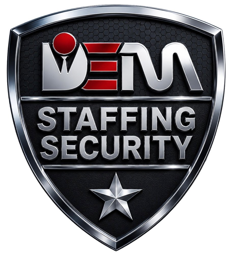 A metallic shield logo for DEM Staffing Security with a star at the bottom