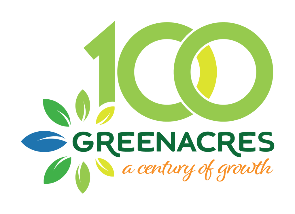 A vibrant logo featuring the number 100 in green with yellow accents, symbolizing a century of growth, accompanied by the text 'Greenacres' and the phrase 'a century of growth' in a matching color scheme