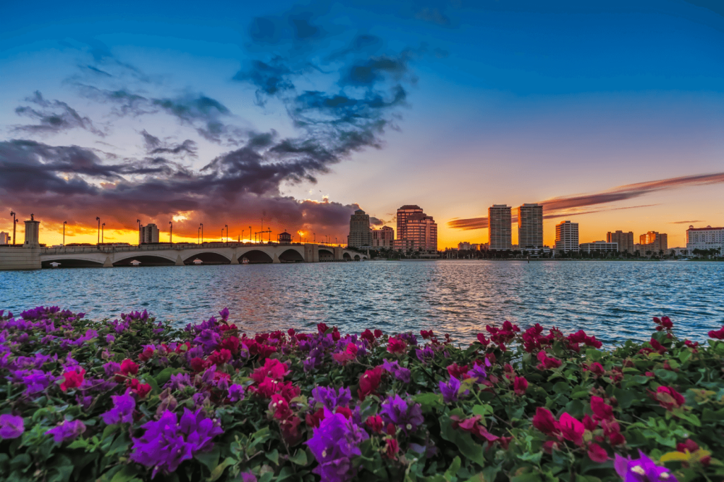fleurs sur le sentier du lac avec en arrière-plan le centre-ville de west palm beach