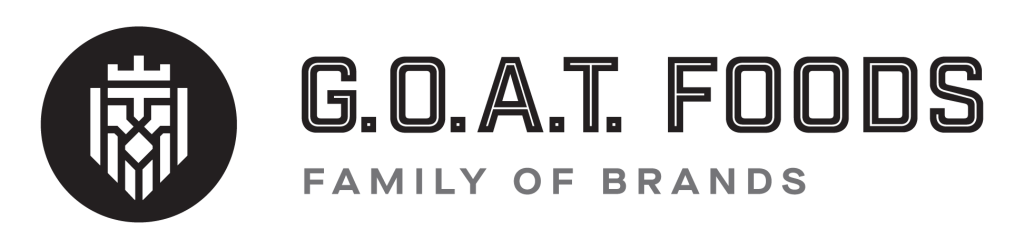 The logo for G.O.A.T. Foods Family of Brands featuring a stylized goat head icon