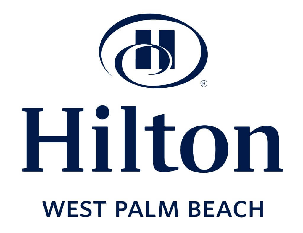 El logotipo del Hilton West Palm Beach muestra una 'H' estilizada dentro de un óvalo azul, con el nombre del hotel debajo