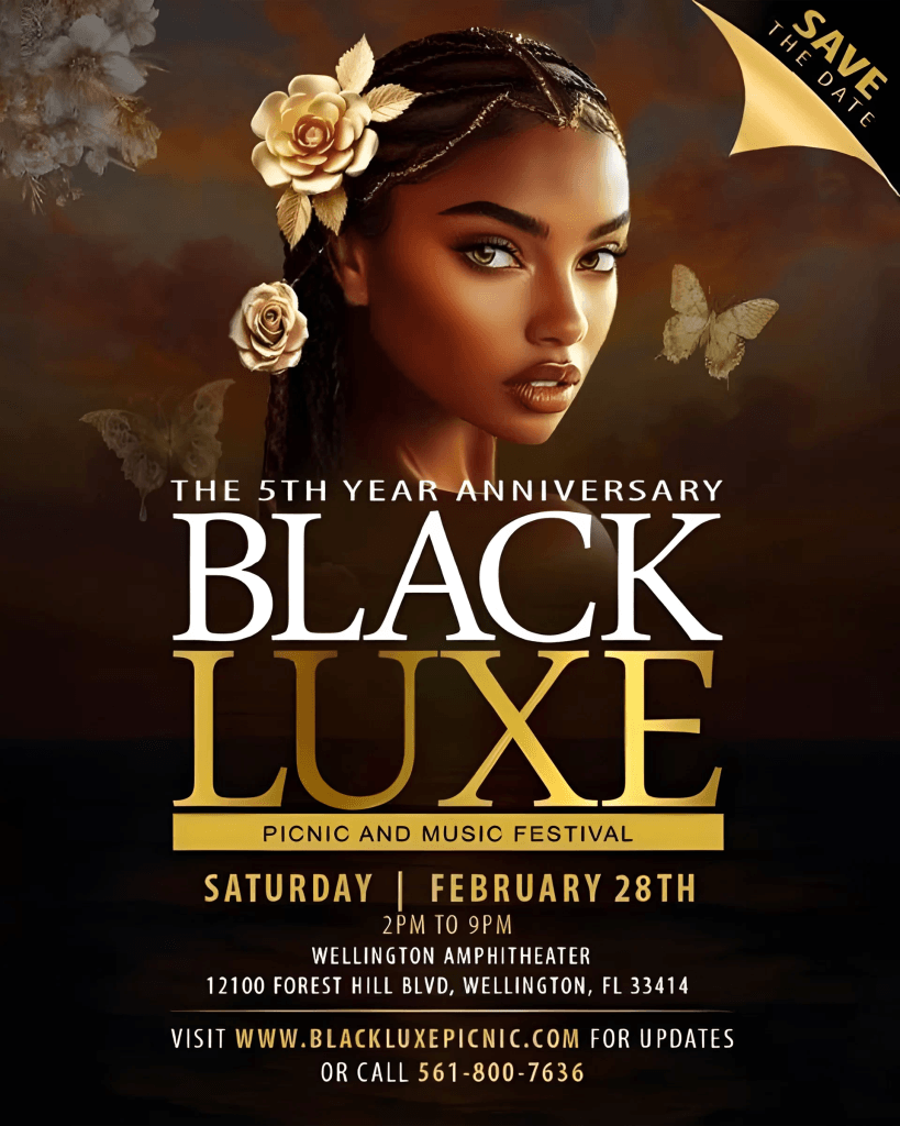 A woman with a golden rose in her hair and butterflies around her face promotes the 5th anniversary of Black Luxe Epic Picnic and Music Festival
