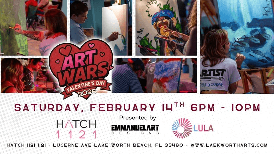 Art Wars Valentine's Day 2023: un animado evento de batalla artística en el que artistas locales pintan en directo en Hatch 1121, en Lake Worth Beach, Florida.