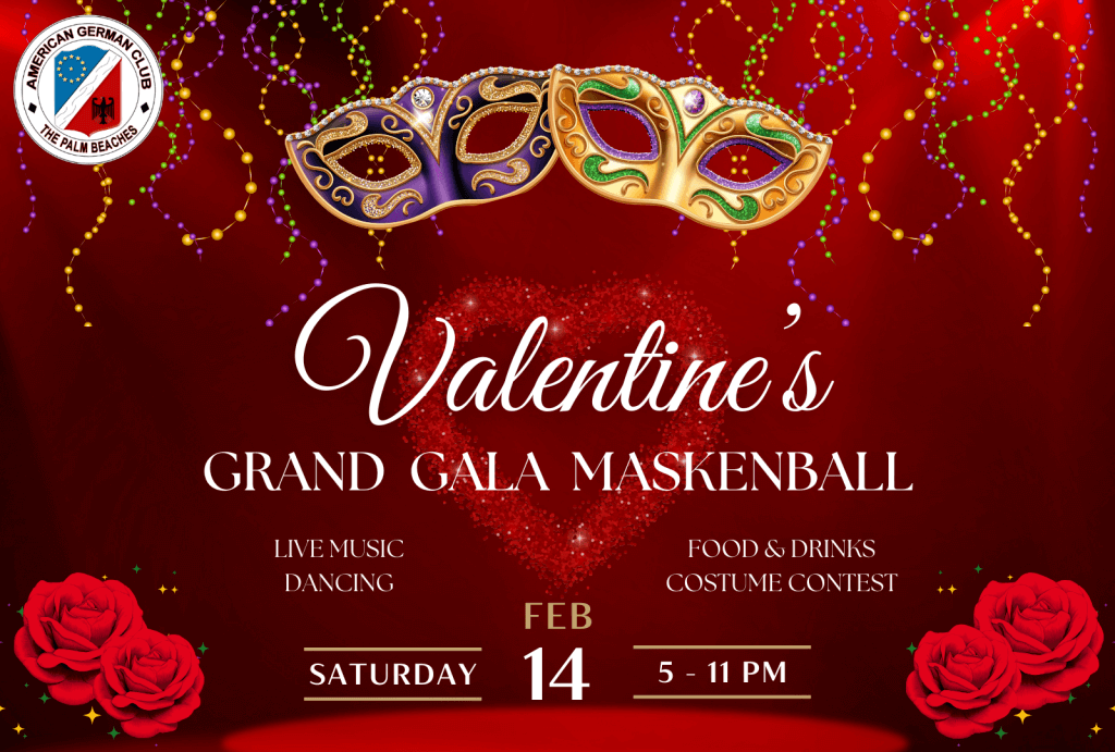 Un llamativo cartel que anuncia la Gran Gala Maskenball de San Valentín, con música en vivo, baile, comida, bebidas y un concurso de disfraces.