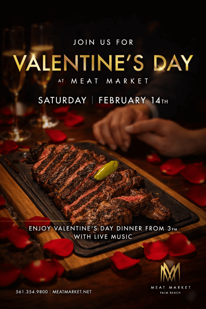 Una cena romántica de San Valentín con un suculento filete adornado con pimiento verde y rodeado de pétalos de rosa roja, con música en vivo y champán en Meat Market, en Palm Beach.