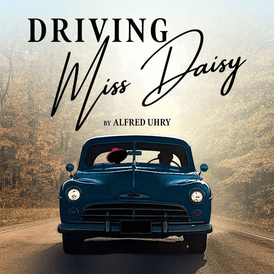 A vintage blue car drives down a winding road surrounded by autumn trees, with a silhouette of a woman wearing a red hat in the driver's seat