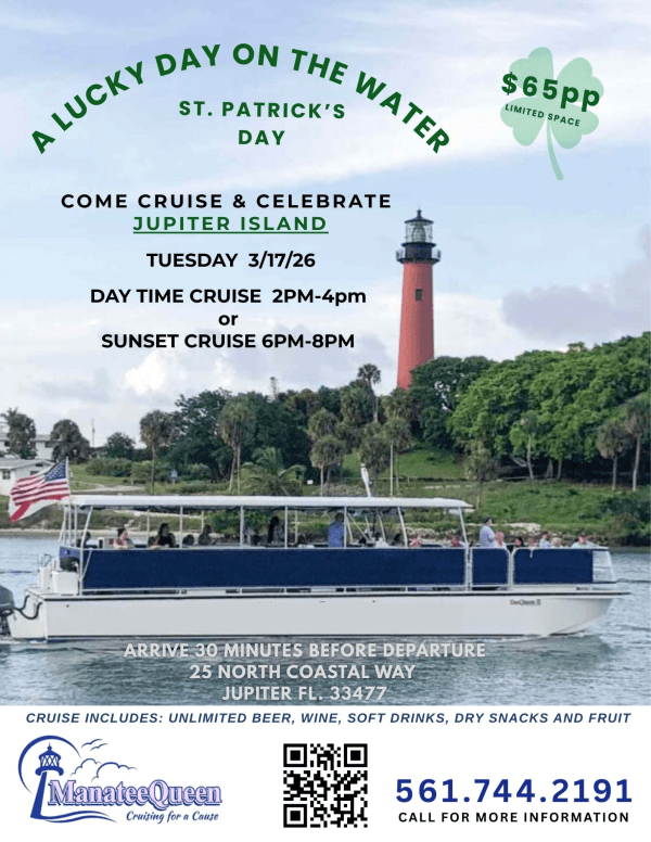 A cruise boat with passengers sailing on a river near a lighthouse on Jupiter Island, celebrating St. Patrick's Day with unlimited drinks and snacks