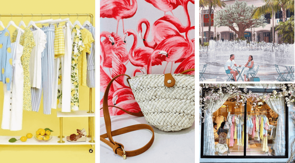 A vibrant display of summer fashion featuring a yellow clothing rack, a woven handbag, and a charming outdoor cafe scene with flamingo-themed decor