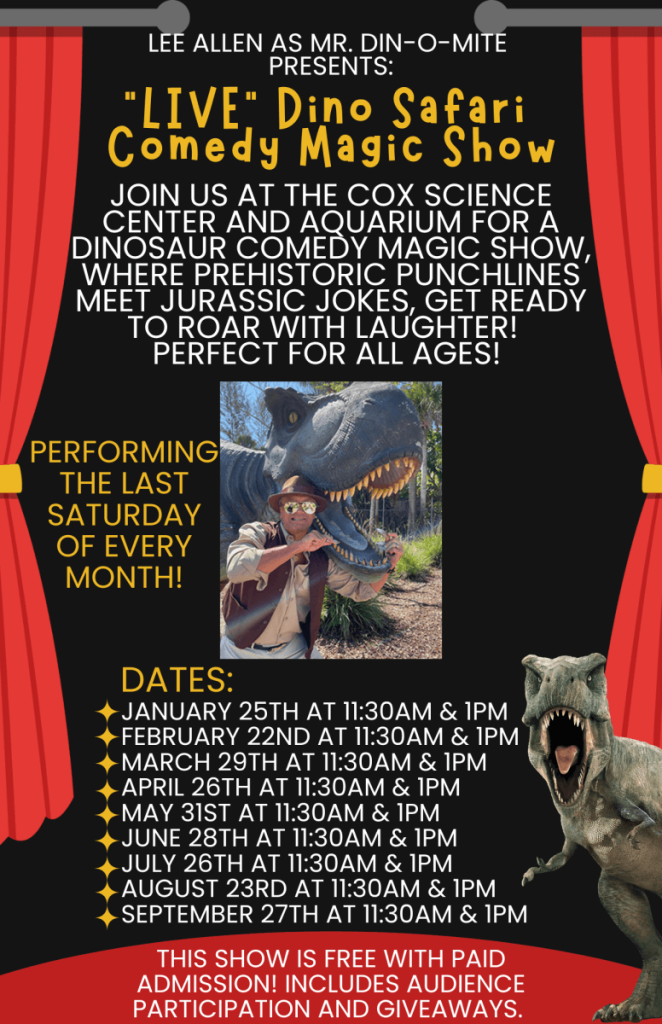 Um pôster anunciando um show de mágica de comédia ao vivo com um tema de dinossauro, apresentando um artista vestido como um explorador posando com uma estátua de dinossauro