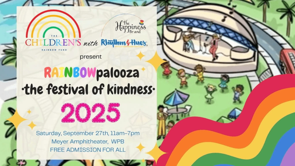 Um pôster vibrante para o Rainbow Palooza 2025, um festival de bondade com música, dança e um tema colorido de arco-íris