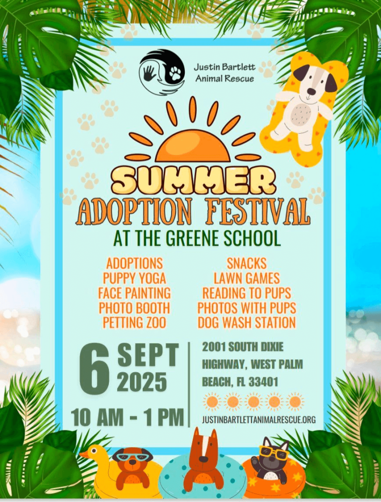 Um pôster colorido anunciando um Festival de Adoção de Verão na The Greene School, com atividades como yoga para cachorros, jogos no gramado e lavagem de cães, com adoráveis cães de desenho animado e um tema tropical brilhante