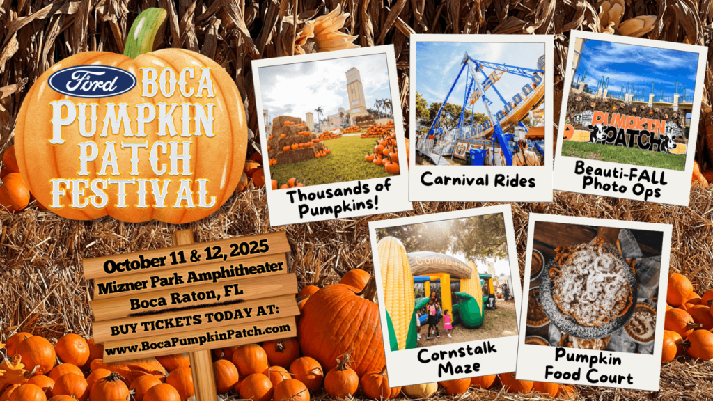 El Festival Ford Boca Pumpkin Patch cuenta con miles de calabazas, atracciones de feria, puntos para tomarse fotos, un laberinto de maíz y un área de comida con temas de calabazas