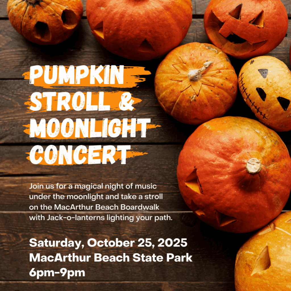 A festive Halloween concert featuring a magical night of music under the moonlight, accompanied by illuminated jack-o'-lanterns along a boardwalk