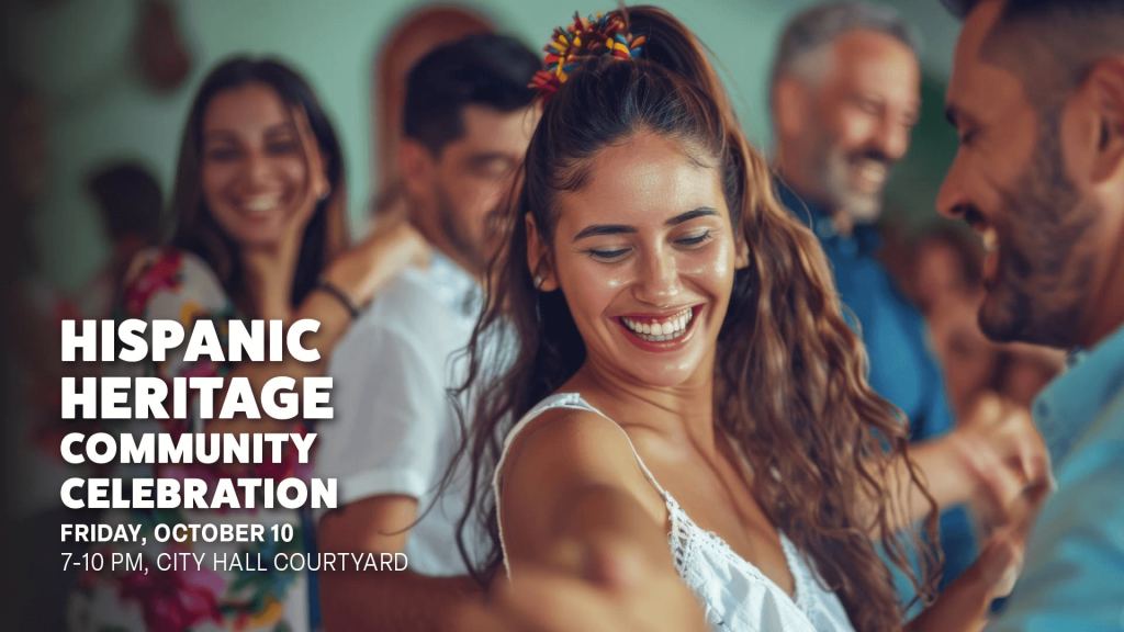 Una alegre celebración de la herencia hispana con una mujer sonriente bailando con un vestido blanco