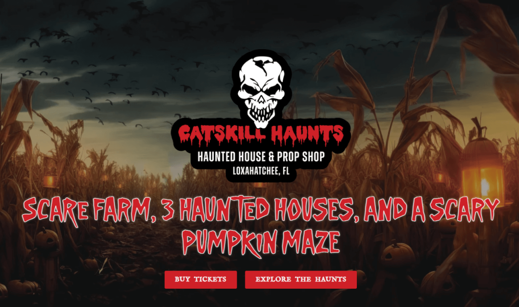 A spooky cornfield at night with glowing jack-o'-lanterns and eerie lights, advertising a haunted house and prop shop event