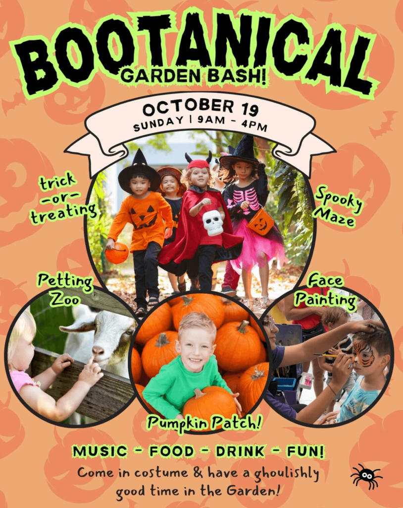 Children in Halloween costumes enjoy a festive garden bash with pumpkins, face painting, and a petting zoo