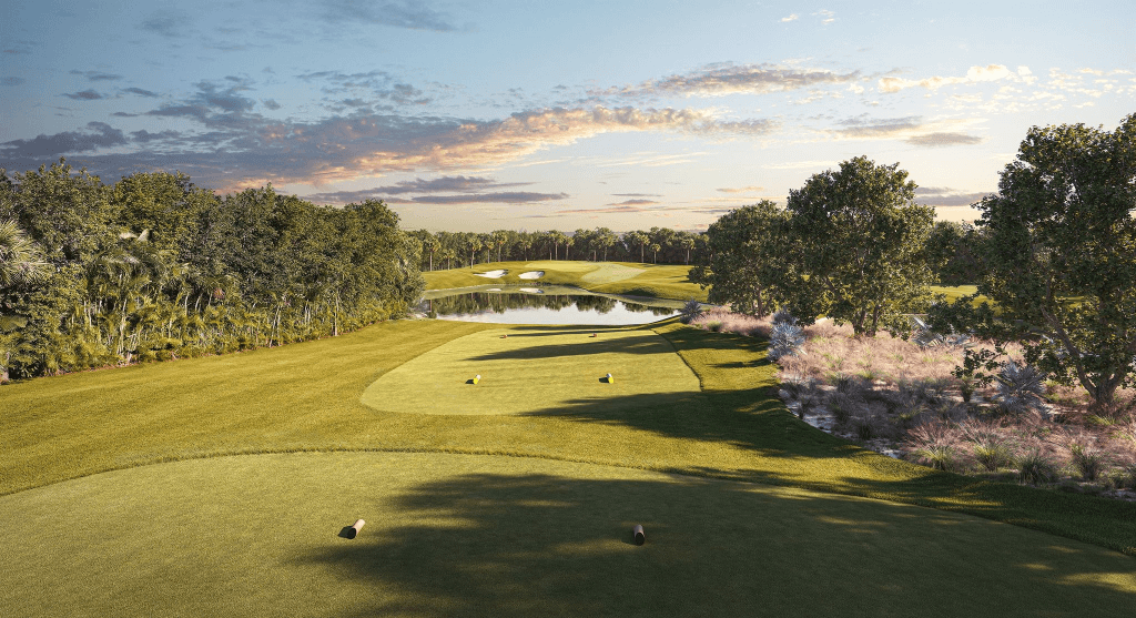 A serene golf course with lush green fairways, sand traps, and a tranquil pond surrounded by trees at sunset