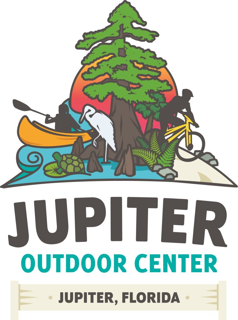 Logo du Jupiter Outdoor Center représentant un canoë, un cycliste, un oiseau et une tortue