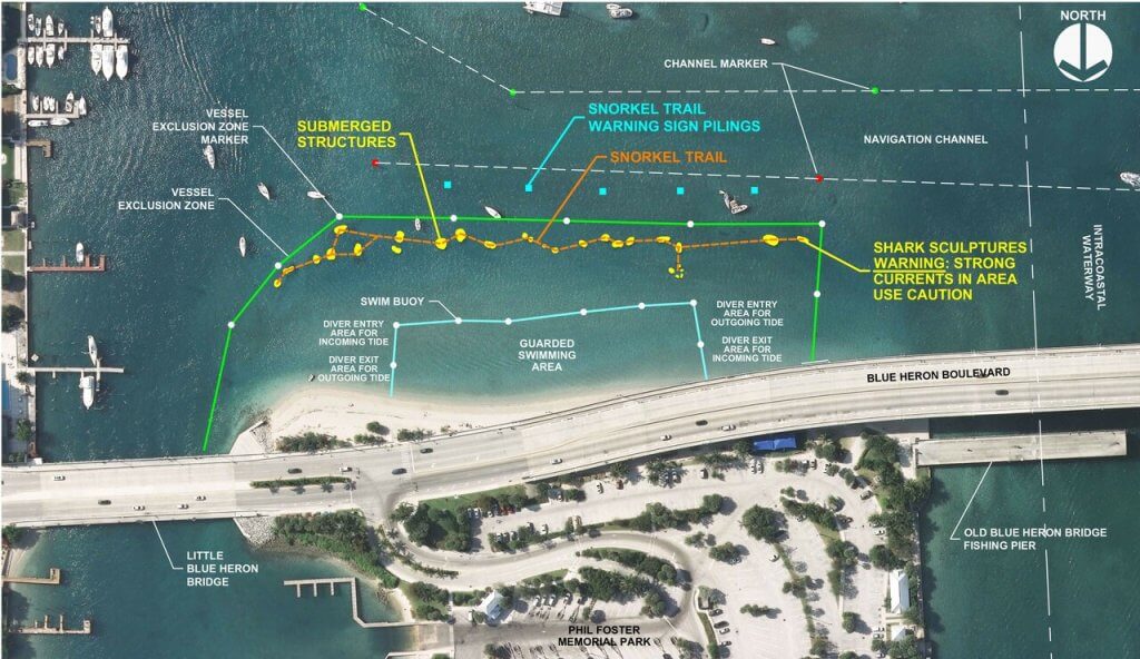 A detailed aerial map of a coastal area showing navigation channels, submerged structures, and safety zones for water activities