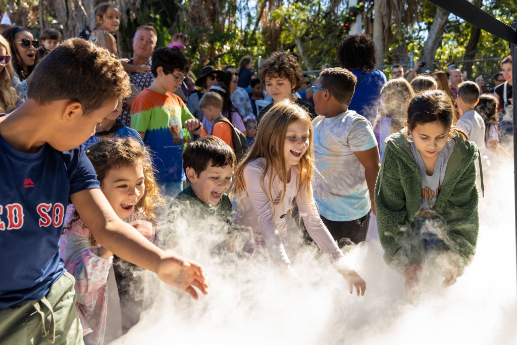 Kinder versammeln sich bei einer Veranstaltung im Freien um ein mit Rauch gefülltes Display, lächeln und greifen in den Nebel, umgeben von einer lebhaften Menge