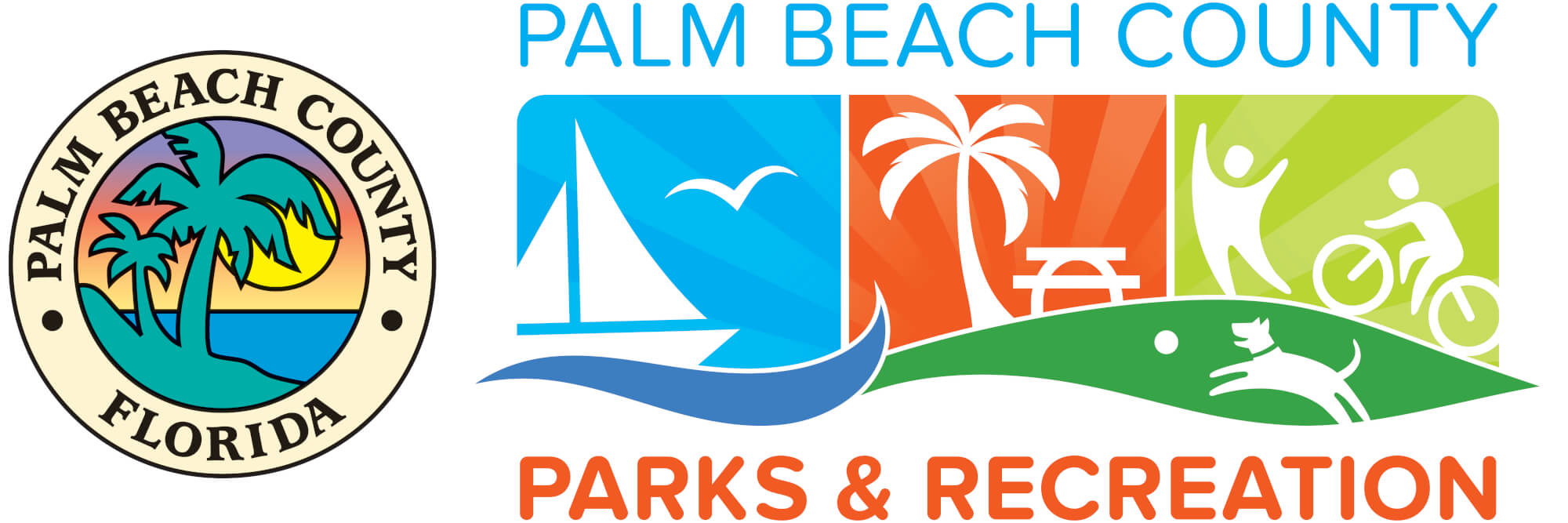 The official logo for Palm Beach County Parks and Recreation featuring colorful recreational icons