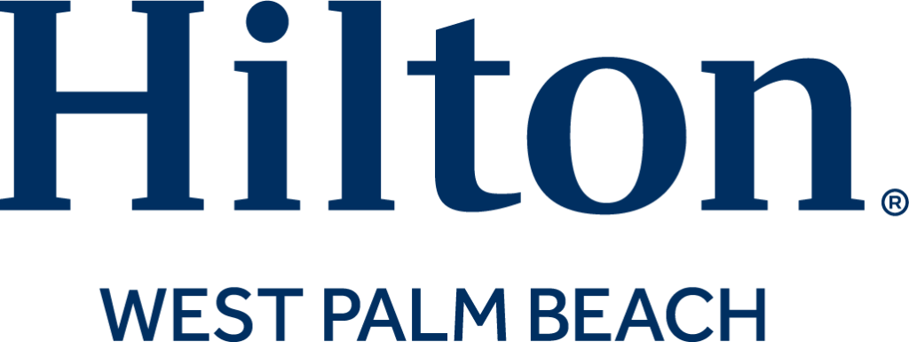Das Logo des Hilton West Palm Beach in dunkelblauer Schrift auf weißem Hintergrund