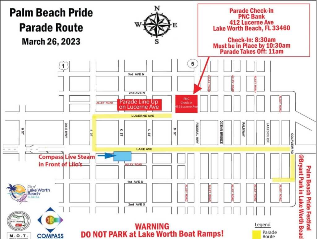 A detailed map of the Palm Beach Pride Parade Route on March 26, 2023, showing the parade line-up on Lucerne Avenue, check-in locations, and nearby landmarks