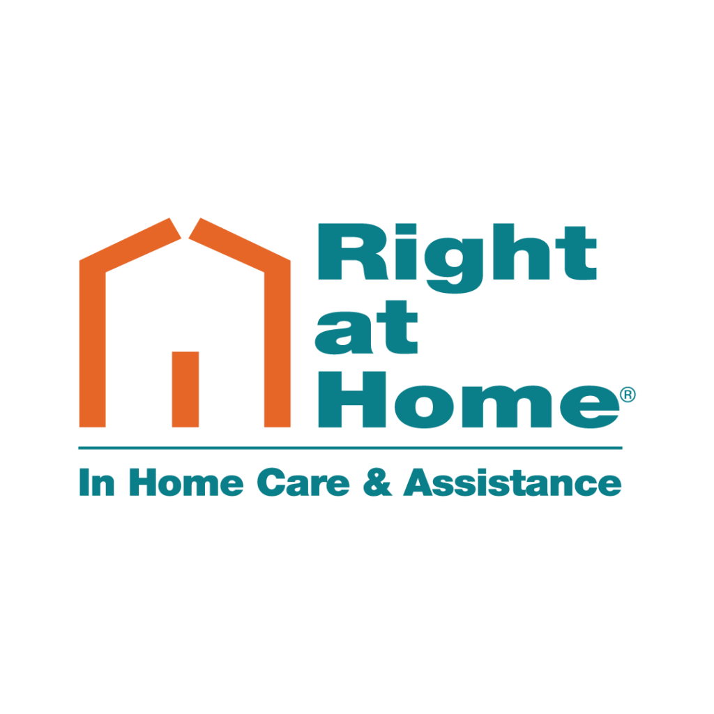 Le logo de Right at Home, composé d'une icône représentant une maison orange et d'un texte de couleur bleu sarcelle