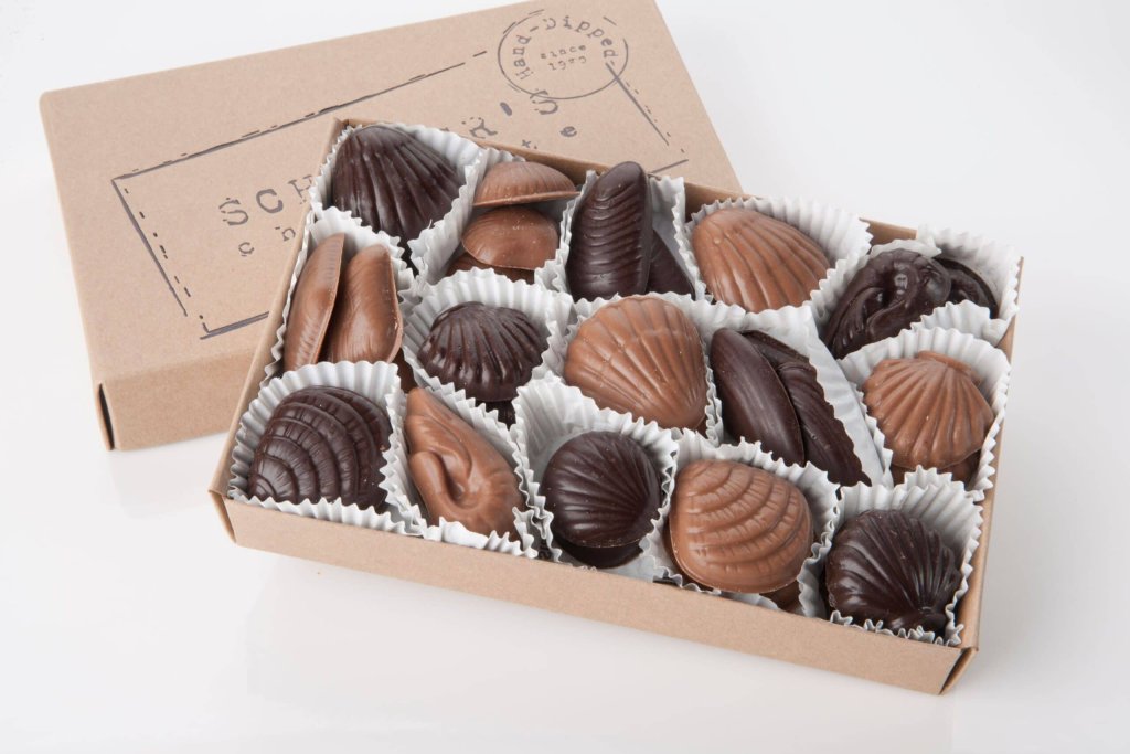 A box of handcrafted chocolate seashells and starfish in dark and milk chocolate