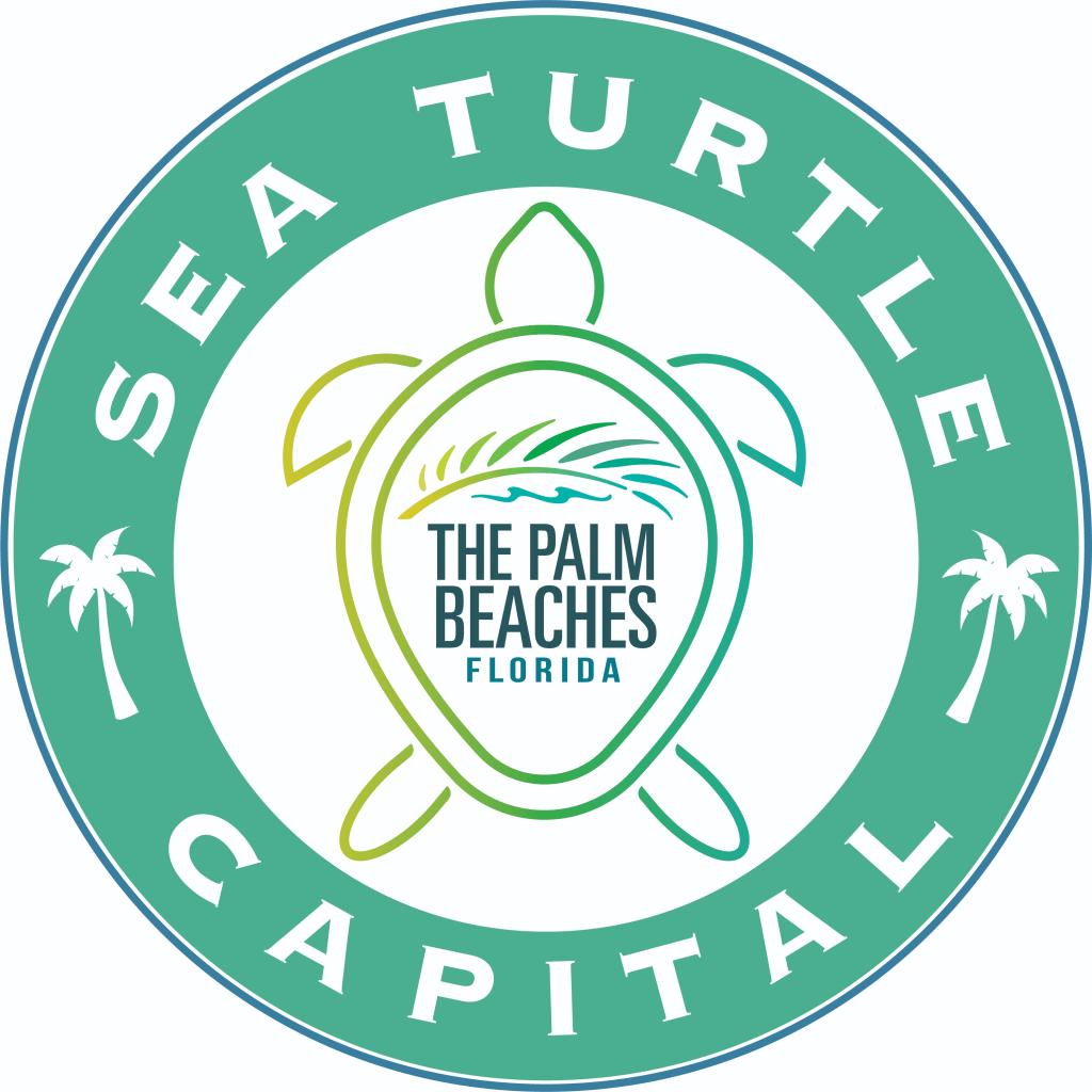 Un logotipo circular de colores vivos, verde y blanco, con una tortuga marina estilizada y palmeras, que representa a The Palm Beaches, Florida.
