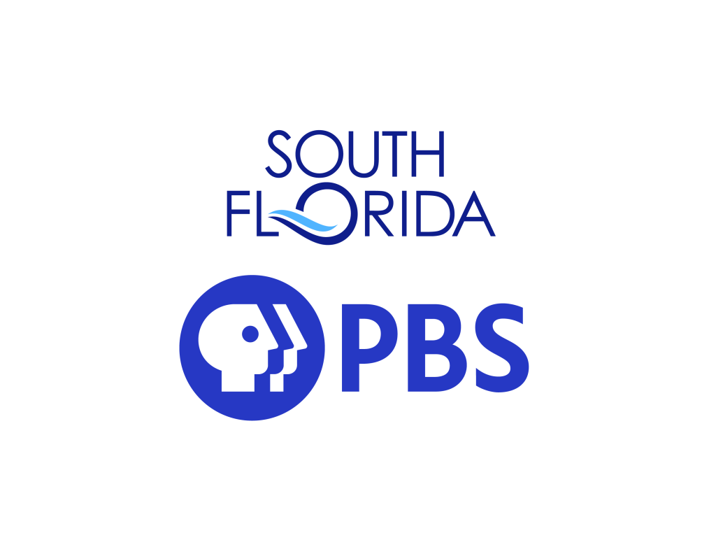Le logo de South Florida PBS, composé d'un texte et de l'emblématique icône représentant une tête, symbole de PBS