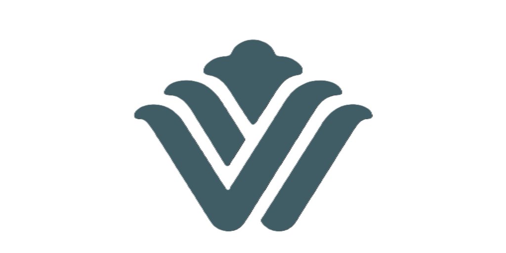A stylized dark teal floral or crown-like emblem on a white background